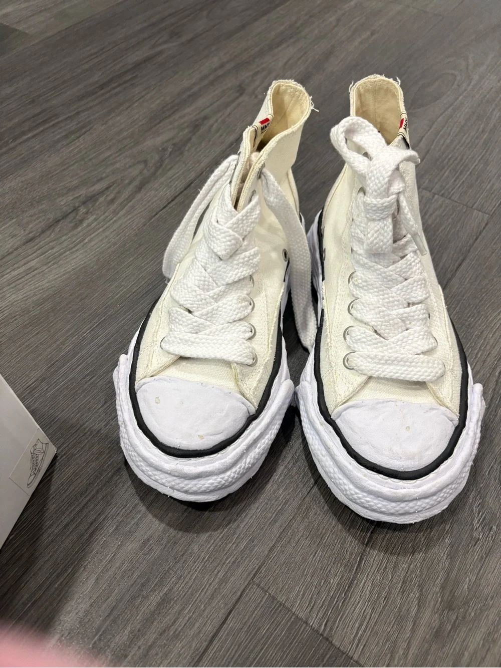 Miharayasuhiro White and Black Distressed High-Top Canvas Sneakers